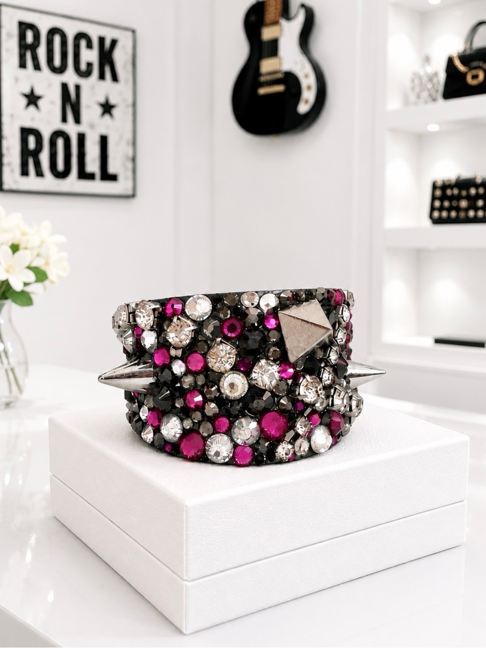 CUFF BRACELET Studded Pink Silver Gray and Black Cuff w/Swarovski Crystals
